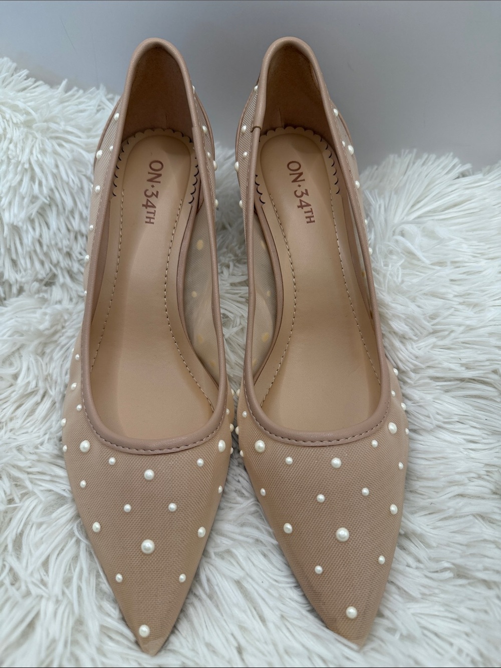 ON:34TH Nude Pearl Embellished Pointed Toe Heel